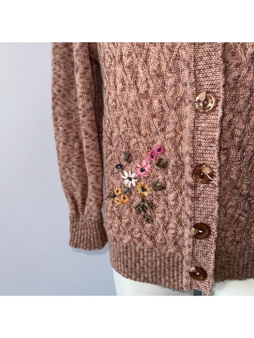 Vintage 90s Brown Floral Beaded Sweater Cottagecore Grandma Chic Knit Cardigan L - Picture 5 of 7